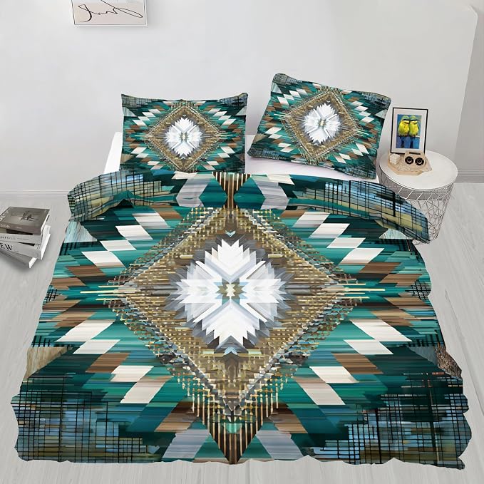 Green Aztec Duvet Cover Oversized King, Bohemian Vintage Geometric Bedding Set 3 Piece, Native American Aztec Patterned Comforter Cover with Zipper Soft Microfiber, 2 Pillowcases