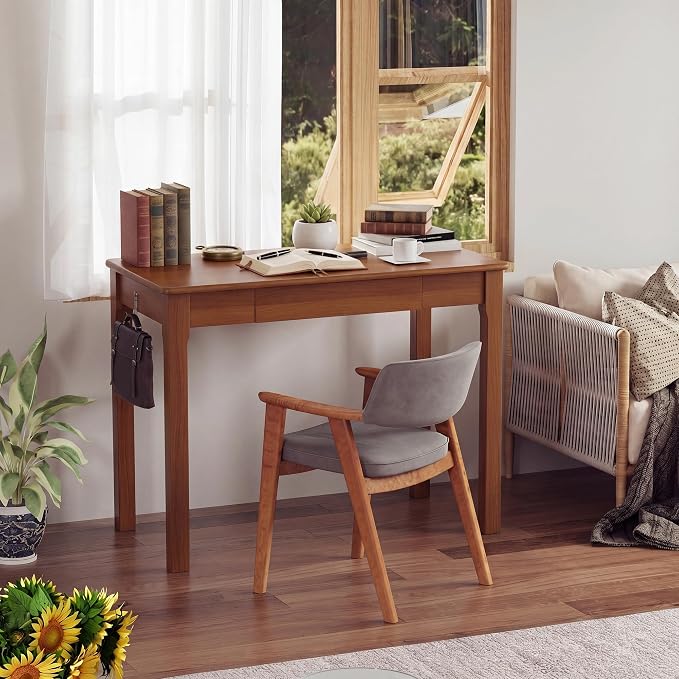 Wood Desk with Drawers - Solid Wood Mid Century Modern Desks for Bedroom, Small Computer Desk for Laptop, Study, Makeup, 31.5 W x 29.5 H x 15.7 D in, Walnut Color