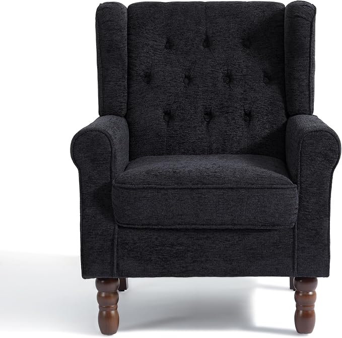 High Back Accent Chairs Set of 2, Upholstered Armchair in Fabric, Retro Wingback Arm Chair for Living Room, Comfy Single Sofa Bedroom Reading Seat with Solid Wood Legs - Black Blue