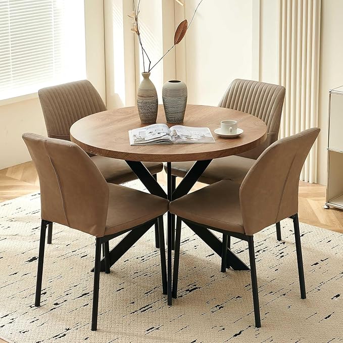 37" Round Dining Table Set for 4, Mid Century Modern Small Coffee Set for Dining Room Kitchen Apartment (Walnut Table + 4 PU Leather Beige Chairs)