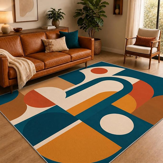 Mid Century Area Rug 5x8, Home Decor | Deep Teal Terracotta Arch Blocks, Retro Geometric Rug for Living Room, Bedroom, Home Office, Non Slip, Washable, Low Pile