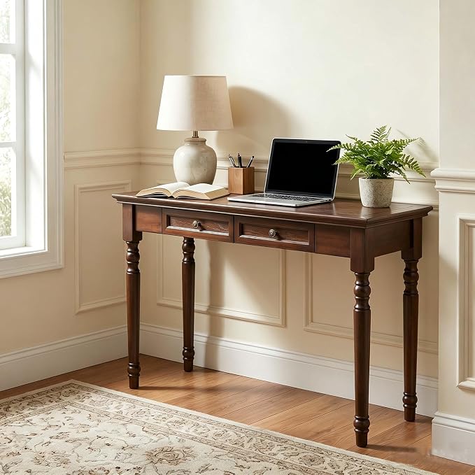 47" Narrow Solid Wood Writing Desk with Drawers, Walnut French Country Style Computer Desk for Home Office, Living Room or Study