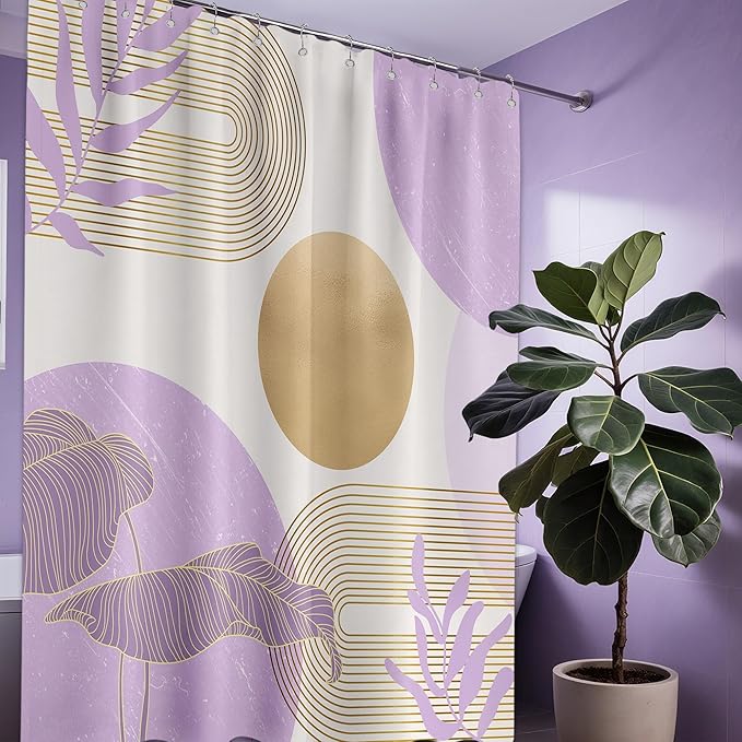 Purple Shower Curtain Lavender Light Purple and Gold Shower Curtains for Bathroom Decor MCM Bath Curtain Set, Waterproof Fabric with Hooks 70 x 72 Inch