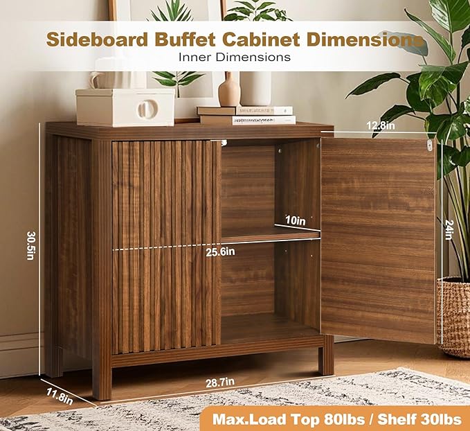 ZYBT Fluted Sideboard Buffet Cabinet, Mid Century Modern Accent Cabinet with 2 Doors and Adjustable Shelf, Storage Cupboard Credenza Console Table for Living Kitchen Dining Room Hallway