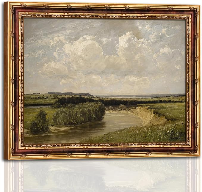 dzbLuck Vintage River Landscape Wall Art with Gold Antique Frame, Classic Farmhouse Painting Print, Rustic Country River Scene Picture Wall Decor 12×16 Inch
