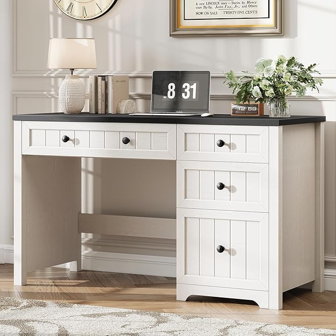 Vabches Farmhouse Executive Desk with 4 Drawers, Home Office Desk with File Drawer, Wood Computer Desk with Storage, Rustic Office Desk for Work Study Writing, Black White