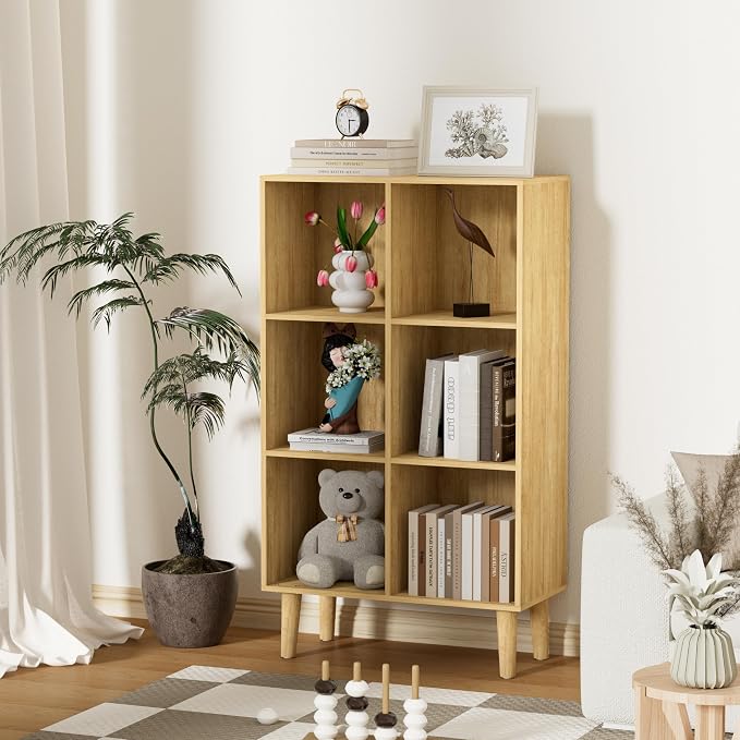 6 Cube Bookcase, Wooden Book Shelf Cube Storage Organizer with Legs, 3 Tier Bookshelf Freestanding Open Shelves for Bedroom, Living Room and Home Office (Oak, 6 Cube Vertical)