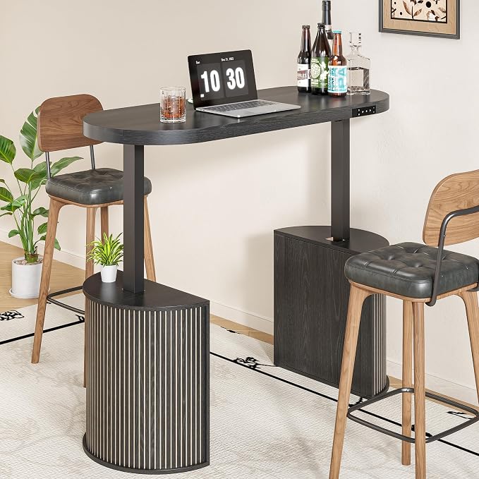 Mid Century Modern Electric Standing Desk with Storage, 55 x 22 Inch Small Sit Stand Up Desk, Wood Adjustable Height Computer Executive Desk for Home Office, Laptop, Black