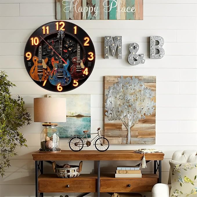 Vintage Guitar Wall Clock Neon Clock Electric Guitar Decor 10-Inch Wooden Wall Clock, Silent Movement, Battery Operated (AA Batteries Not Included), Artistic Home Decor, Perfect for Home Accents