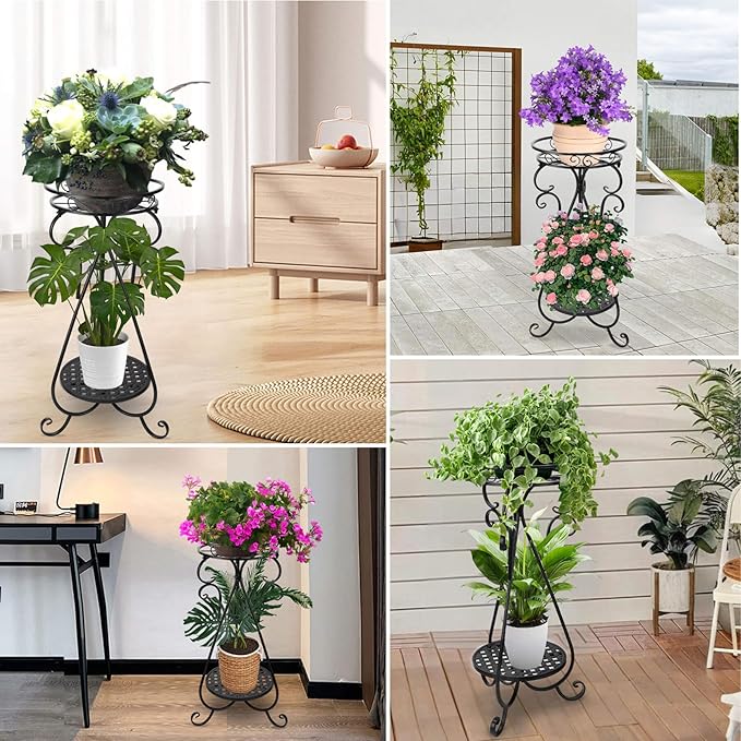 Metal Corner Plant Stand Indoor - 2 Tier Tall Potted Flower Pot Stand Outdoor Multiple Tiered Rustproof Iron Holder Heavy Duty Plant Rack Round Suport Shelf for Balcony Garden Patio Enterway