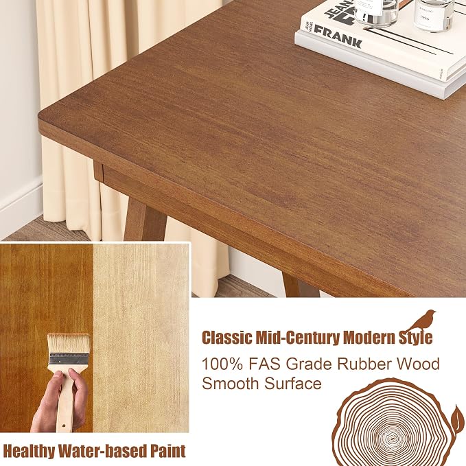 100% Solid Wood Desk with Drawers & Storage Shelf - 48 x 24 Inch Mid Century Modern Desks, Vintage Writing Desk with Deeper Desktop, Home Office Computer Desks for Bedroom & Home-Walnut Color