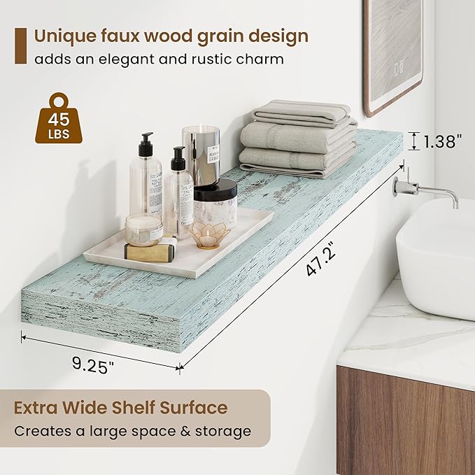 48in Floating Shelves for Wall, 48"W x 9.25"D x 1.25"H, 2 Pack Long Wall Mounted Engineered Wood Shelves with Invisible Brackets for Living Room, Bedroom, Bathroom, Kitchen Decor and Storage, Blue