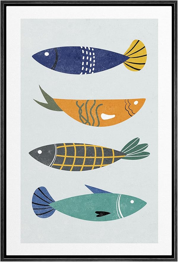 Woodrose Framed Canvas Print Wall Art Retro Pattern Vintage Fish Variety Animals Shapes Illustrations Modern Minimalist Chic Relax/Calm Multicolor for Living Room, Bedroom, Office - 16"x24" Black