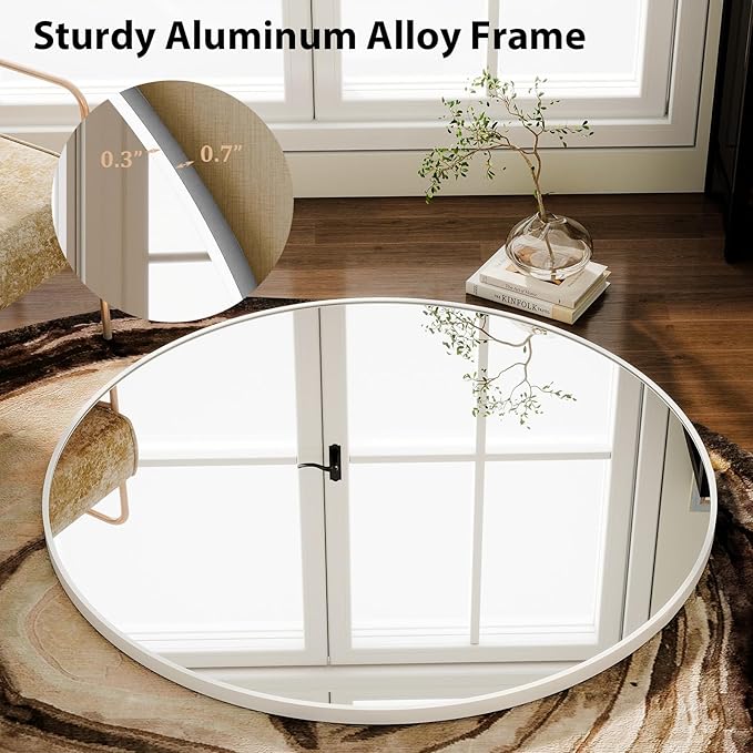 HARRITPURE Round Mirror 30" White Wall Mounted Circle Mirrors Vanity Mirror with Brushed Aluminum Alloy Frame Modern Decoration for Bathroom, Living Room, Vanity, Bedroom, Entryway