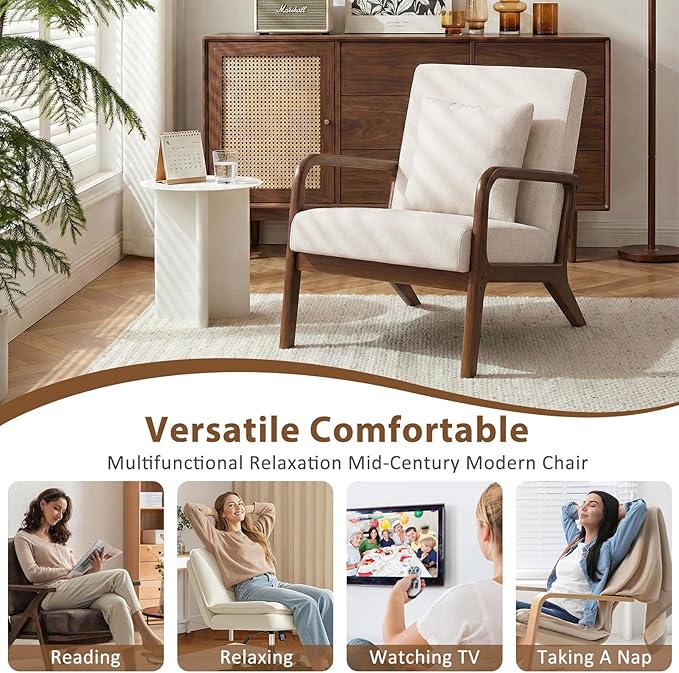 Mid Century Accent Chair with Solid Wood Frame Set of 2, Upholstered Lumbar Pillow Lounge Chair Beige Linen Fabric Cozy Leisure Chair Relaxing Walnut Living Room Chair for Bedroom Waiting Room