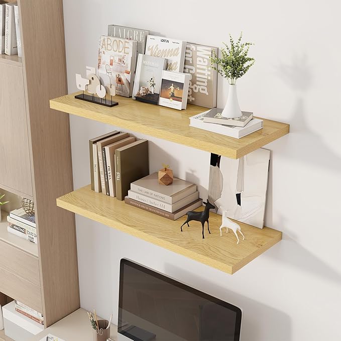 Dreamland 36" Floating Shelves for Wall, 12" Deep Slim Oak Floating Shelves, Wall-Mounted Shelves for Bedroom, Living Room, Kitchen, Bathroom - Set of 2
