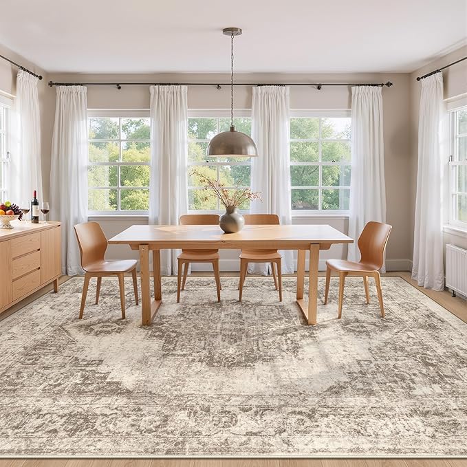 Area Rug 8x10 Vintage Rugs: Large Washable Indoor Medallion Rug Low Pile Distressed Floor Carpet Retro Accent Rugs for Living Room Bedroom Kitchen Dining Table Home Office(Taupe, 8'x10')