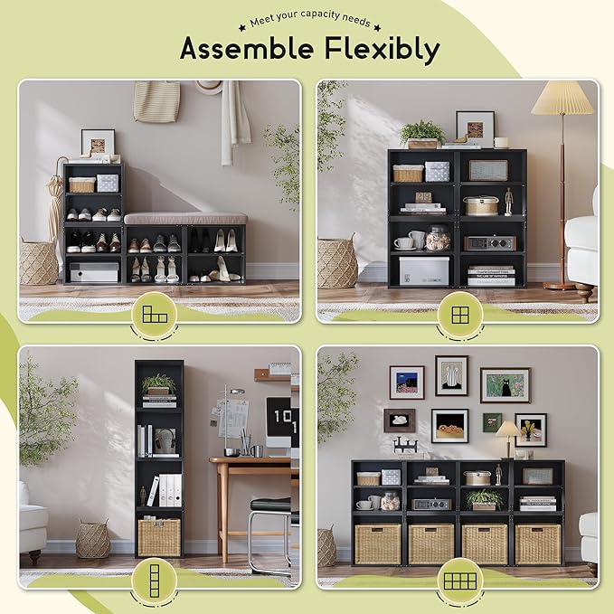 Homkdom 2 Cube Storage Organizer with 2 Removable Open Shelves, DIY Bookcase with Anti-Tip Design, Stackable Cube Shelf for Bedroom, Office, Dorm, Black