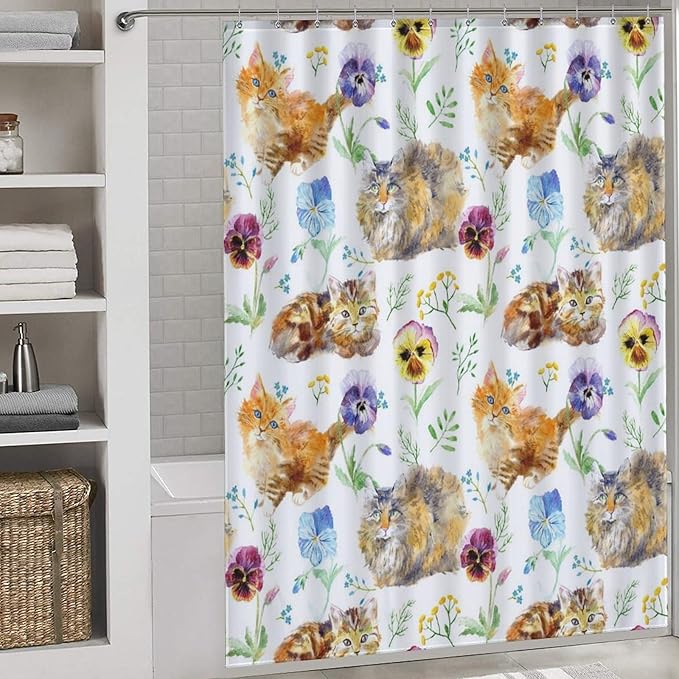 Cat Shower Curtain,Cute Cartoon Colorful Pets Paw Bathroom Curtain Polyester Waterproof Fabric Decor 66x72in（168x183cm）