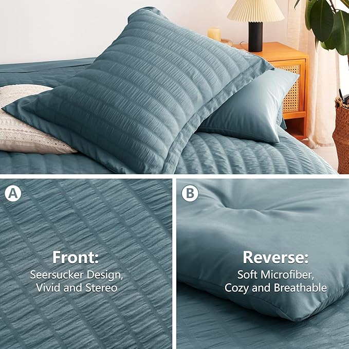CozyLux Twin XL Comforter Set Mineral Blue, 5 Pieces Seersucker Twin Extra Long Bed in a Bag, College Dorm Down Alternative Bedding Set with Comforter, Sheets, Pillowcase & Sham, Back to School Gift