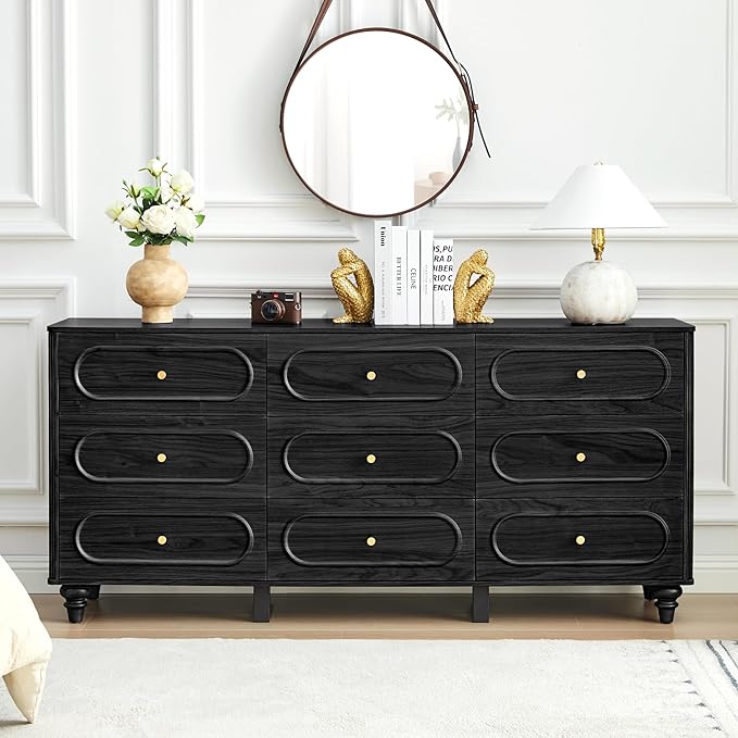ORRD 9 Drawer Fluted Dresser for Bedroom, Mid Century Modern Chest of Drawers, Wood Storage Small Dresser Organizer for Bedroom Living Room Hallway Closet, Black