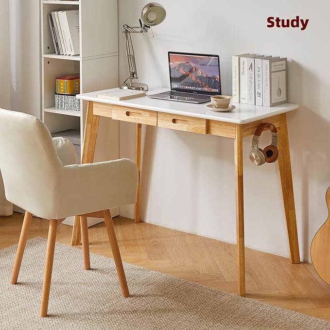 Aibiju Computer Desk with 2 Drawers, 47" Solid Wood Home Office Writing Desk, Compact Simple Tables with Hook for PC, Laptop, Students, Study, Makeup, Bedroom White + Natural Wood Legs YD-WD03WN