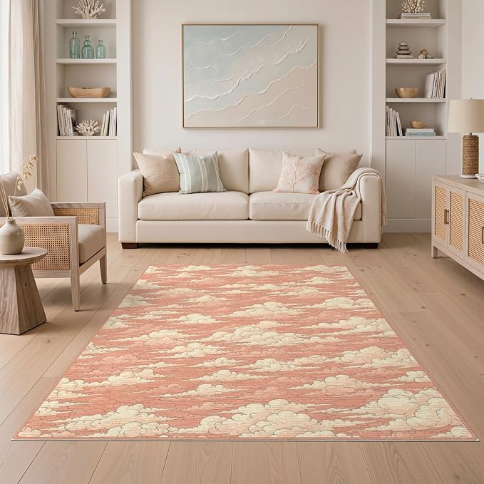 5'x7' Washable Flatwoven Rug, Peach Cottagecore Graphic Stain Resistant Area Rug Non-Slip Low Profile Floor Covering for Guest Room, Lounge, Apartment | Ref:2208262
