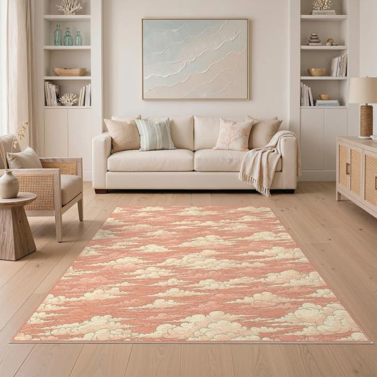 5'x7' Washable Flatwoven Rug, Peach Cottagecore Graphic Stain Resistant Area Rug Non-Slip Low Profile Floor Covering for Guest Room, Lounge, Apartment | Ref:2208262