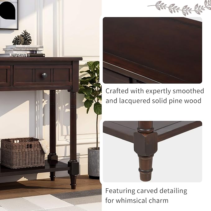SOFTSEA Farmhouse Console Table with Drawers & Shelf, 35" Entryway Table with Storage, Solid Wood Sofa Couch Table for Hallway, Espresso