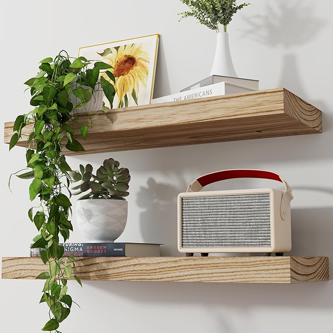 Axeman Floating Shelves, 2 Pack 8 Inch Deep Modern Solid Wood Wall Shelves for Storage, Wall Mounted Display Shelving with Invisible Heavy-Duty Metal Bracket, 24" W x 8" D x 1.6" H, Light Carbonized