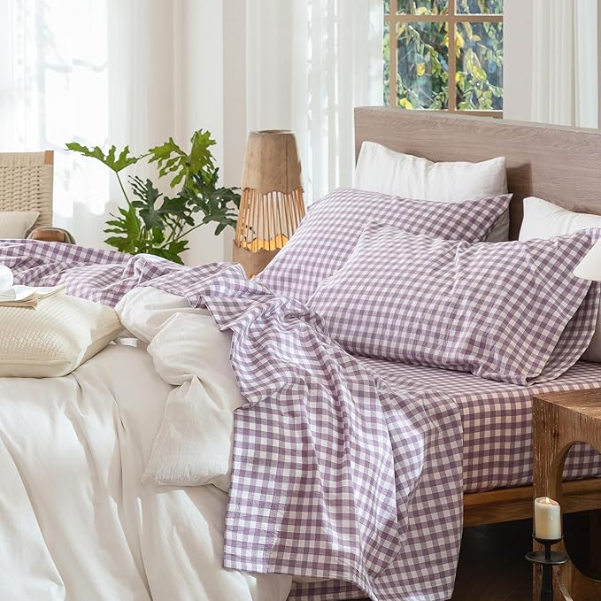 MooMee Gingham Sheet Set 100% Washed Cotton Linen Like Textured Breathable Soft w/Fully Elasticized 16-19" Deep Pocket (Classic Gingham Light Purple, Queen)