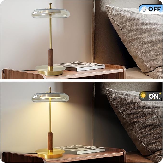 Brass Base Mushroom Table Lamp for Bedroom, Small Desk Lamp with Amber Glass Shade, LED Three Color Temperature Adjustable Brightness Modern Side Table Lighting (H 15.4 in)