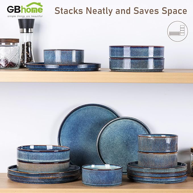 GBHOME 12-Piece Stoneware Dinnerware Set for 4 – Ribbed Ceramic Plates and Bowls, Scratch-Resistant, Microwave & Dishwasher Safe, Reactive Glaze, Ceylon Blue