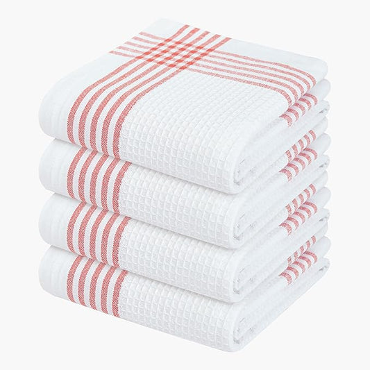 Waffle White & Red Kitchen Dish Towels, Set of 4, 100% Cotton 16x26 inches, Absorbent Tea Towel, Multi-Purpose Hand Cleaning Towel, Strong and Reusable Dish Cloths for Drying Dishes