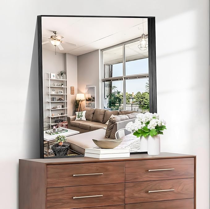 CIRCUMI Black Bathroom Mirror, 30"x36" Rectangular Mirror with Deep Metal Frame, Brushed Finish, Tempered Glass, Mirror for Wall, Oversink, Bedroom, Installed Vertically/Horizontally, Crystal-Clear