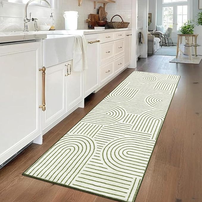 Modern Rug 2.5x10 Runners for Hallways, Abstract Kitchen Runner Rugs Non Slip Bath Runner, Rainbow Washable Rug for Bedroom, Soft Long Rugs for Entryway Bathroom Laundry Dorm, Green