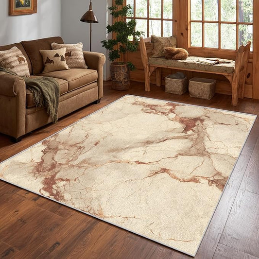 Beige Marble Abstract Area Rug, Vintage Stone Pattern Carpet, Washable Non Slip Low Pile Soft Thin, Living Room Bedroom Home Decor Mat 6x8ft