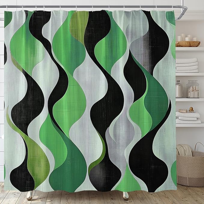 Mid Century Shower Curtain Boho Minimalist Modern Abstract Aesthetic Geometric Striped Atomic Retro Earthy Fabric Bathroom Decor Set with Hooks(180" Wx70 H)