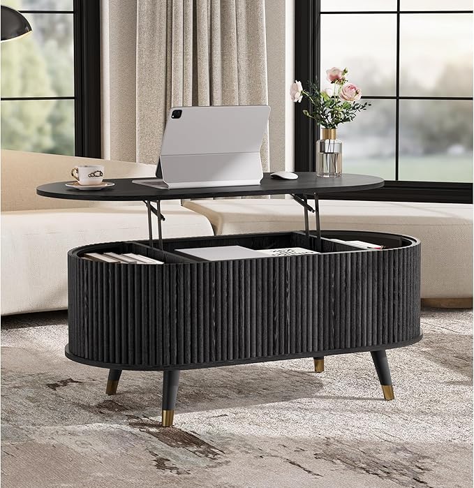 42.5" Oval Lift Top Coffee Table with Storage, Mid Century Modern Black Center Table with Fluted Panel, Solid Wood Legs & Hidden Compartment for Living Room