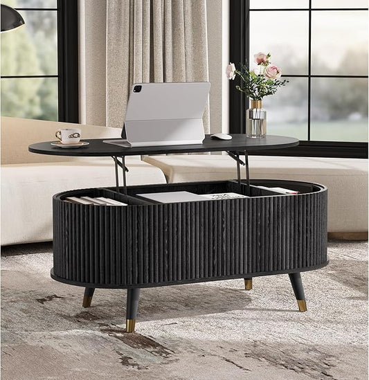 42.5" Oval Lift Top Coffee Table with Storage, Mid Century Modern Black Center Table with Fluted Panel, Solid Wood Legs & Hidden Compartment for Living Room