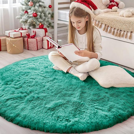 OLANLY Teal Green Round Rugs for Bedroom - Machine Washable, 4 ft Circle Area Rugs for Living Room, Soft and Fluffy Shaggy Carpet for Teen Girl and Boys, Nursery Rooms, Dorms, Home Decor Aesthetic