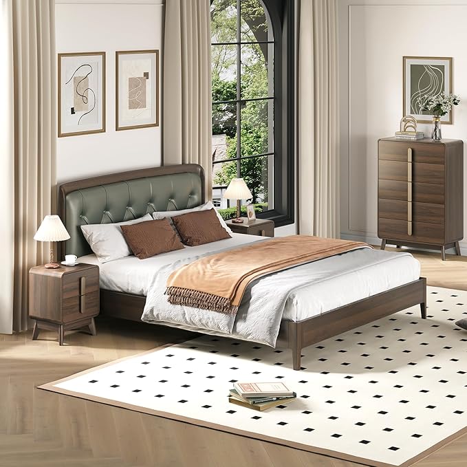 Mid Century Modern Bedroom Sets, 5 Drawer Dresser and Nightstand Sets for Bedroom, Night Stand Set 2 & 5 Drawer Dresser with Gold Handles, Wood Chest of Drawers Storage Cabinet Set, Walnut