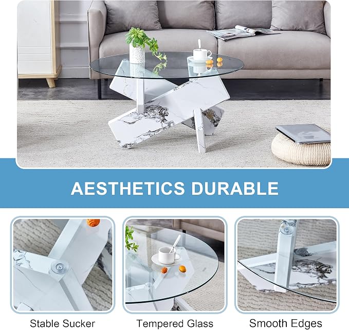 Round Glass Top Coffee Tables for Living Room, 33.4 Inch White Center Table, Mid Century Circle Cocktail Table with Marble-Looking Crossed Legs