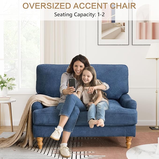 Bezseller Oversized Accent Chair Indoor, 46" W Large Upholstered Single Sofa Chair and Wood Legs, Big Comfy Armchair Leisure Lounge for Living Room, Bedroom, Apartment, Reading Room(Blue)