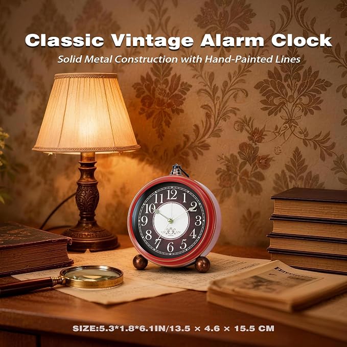 AYRELY® 5.3" Vintage Analog Alarm Clock, Battery Operated Metal Desk Clock, Retro Table Clock with Light for Living Rooms, Bedrooms, Shelf, Home Decor (Red-Black)