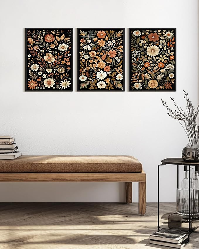 KUVIOKE Orange Vintage Flower Framed Wall Art Boho Floral Wall Decor Retro Wildflower Modern Art Prints for Living Room Bedroom 12x16in (Black Framed)