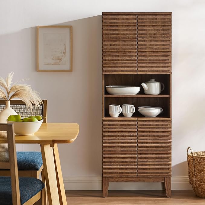 Modway Render Tall Bathroom Storage Tower in Walnut - 63” Freestanding Linen Cabinet with Open Shelves and 4 Soft-Close Doors - Towel and Makeup Organizer