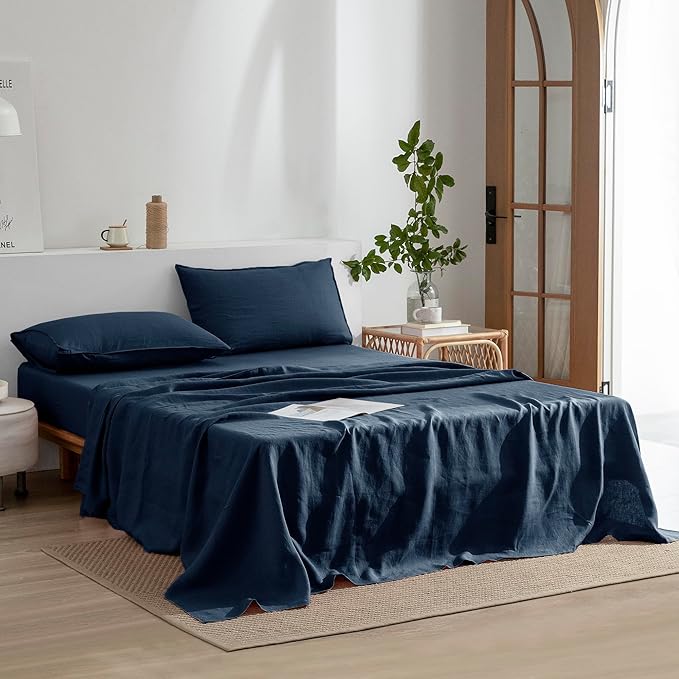 EVERLY Linen Sheets Set Queen Size,100% French Stonewash Pure Linen Sheets Set,4Pieces (1Flat Sheet,1Fitted Sheet,2Pillowcase) Suitable for Hot Sleepers,Deep Pocket Natural Bedding Set-Navy Blue