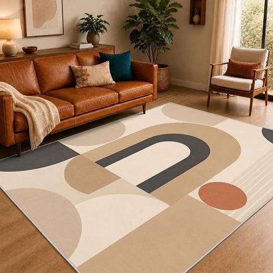 Mid Century Area Rug 5x8, Home Decor | Neutral Cream Black Geo Arc, Abstract Geometric Rug for Living Room, Bedroom, Home Office, Non Slip, Washable, Low Pile
