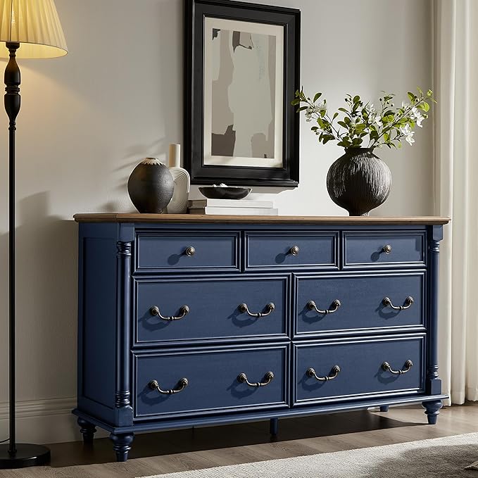 T4TREAM Farmhouse 7 Drawers Dresser Chests for Bedroom with 4 Solid Wood Feet, Tall Wide Wood Country Rustic Chest of Drawers, Storage Dressers for Bedroom, Living Room, Rustic Oak Antique Blue